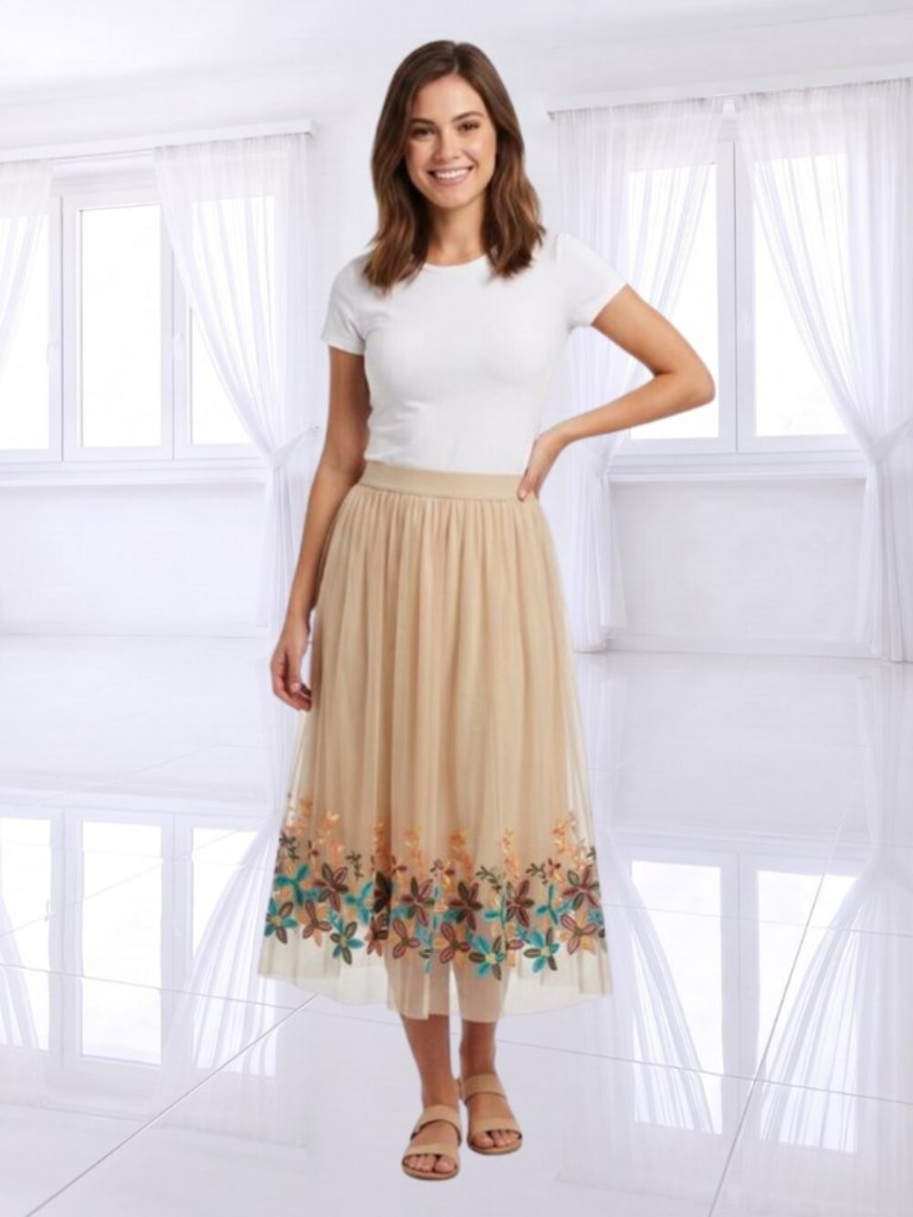 NWT Metrowear Embroidered Floral Tulle Midi Skirt Boho Cottagecore Size M